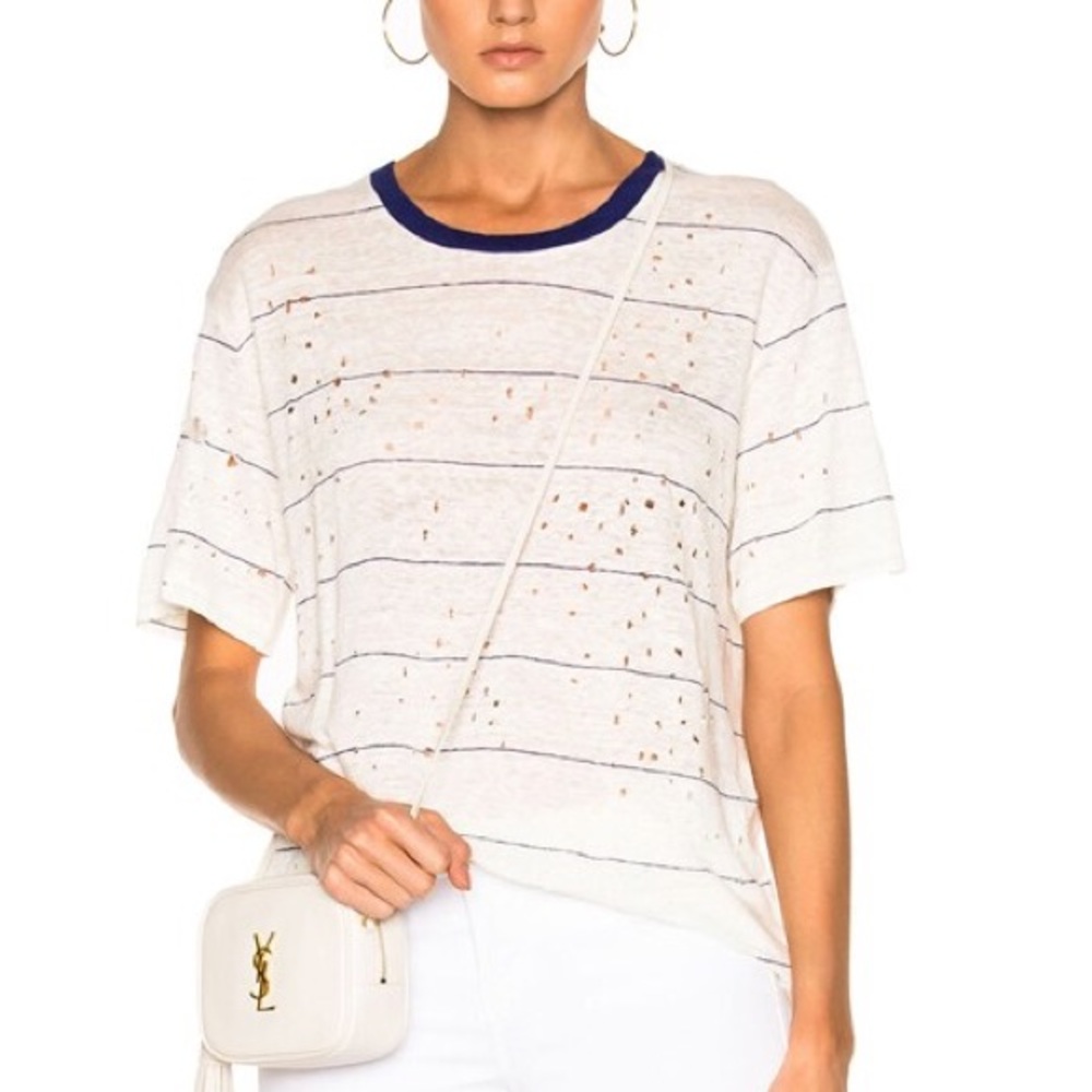 IRO Hadith Distressed Linen T-Shirt - Blue and White